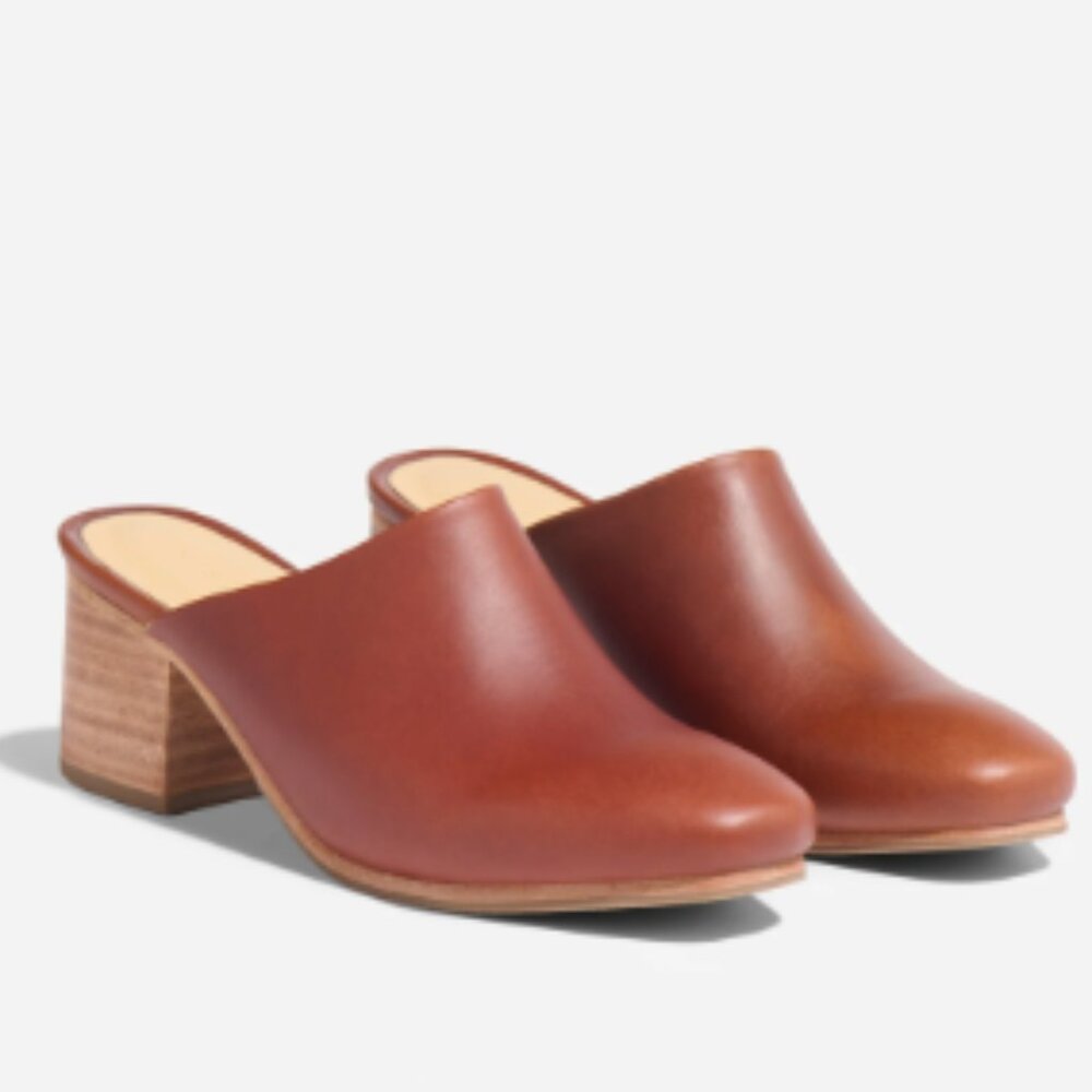 Nisolo All-Day Heeled Mule in Brandy, size 6.5